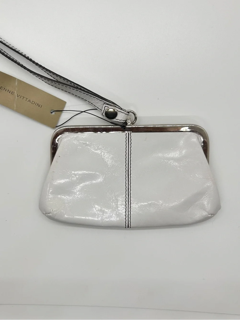 New Adrienne Vittadini White Leather Wristlet Coin Purse with Center Stitching